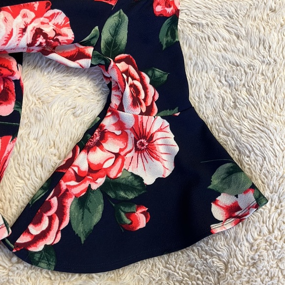 Espresso navy with pink floral bell sleeve pull over XL elastic neckline dress - Picture 11 of 11